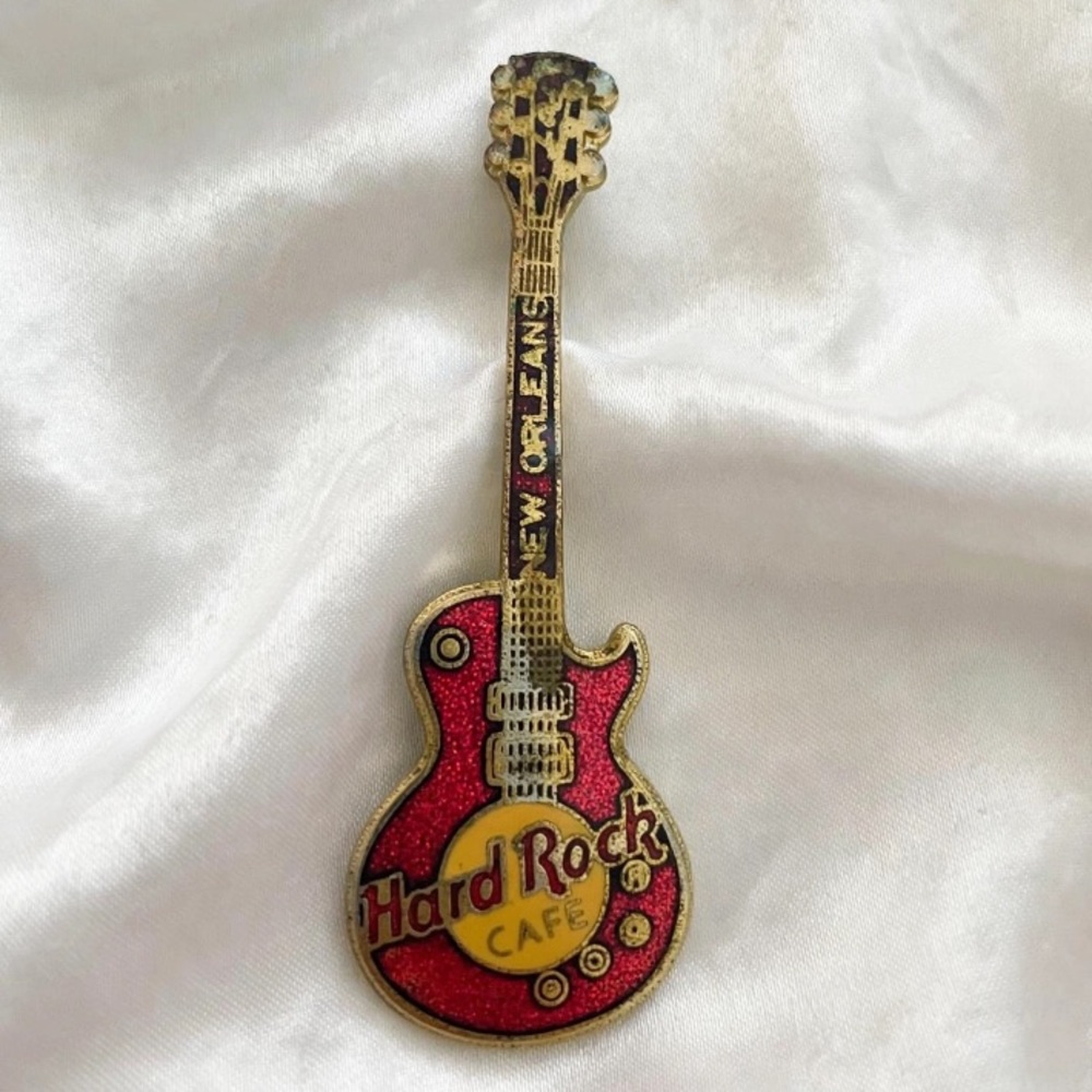 HARD ROCK CAFE New Orleans Red and Gold Guitar Pin “Signed”